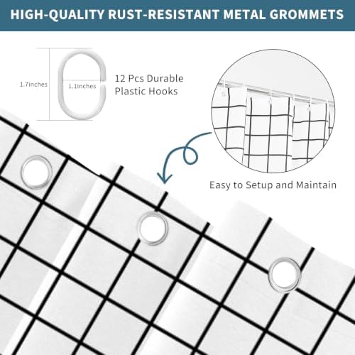 Modern Black and White Grid Shower Curtain, 72" W x 84" L