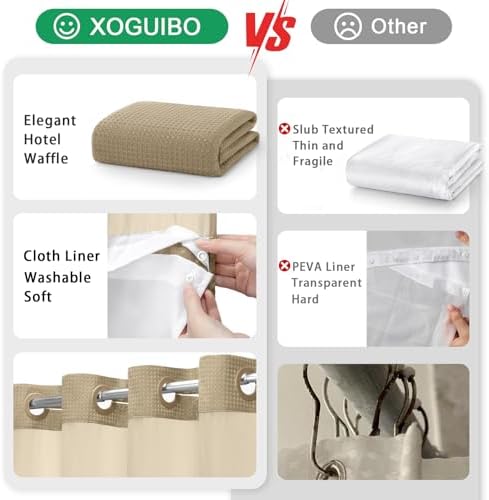 No Hook Shower Curtain with Liner Set Hotel Waffle Curtain Beige 72W X 75L
