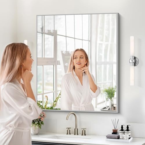 COFENY Silver Bathroom Mirror for Wall, 30x36 Inch Rectangle with Metal Frame, Modern Vanity for Bathroom Living Room, Entryway Hangs Horizontal or Vertical