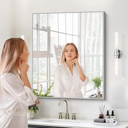 COFENY Silver Bathroom Mirror for Wall, 30x36 Inch Rectangle with Metal Frame, Modern Vanity for Bathroom Living Room, Entryway Hangs Horizontal or Vertical