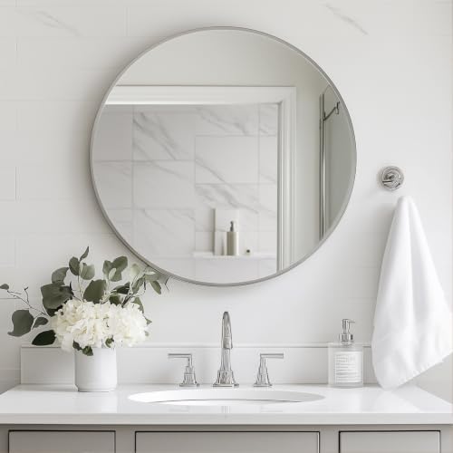 Oruii Round Mirror, 26 inch Silver Circle Mirror,Bruhsed Nickel Metal Frame