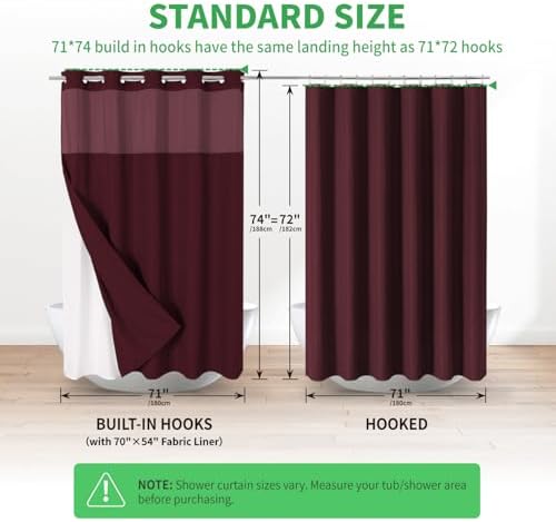 eachope No Hook Fabric Shower Curtain with Snap-in Liner,71x74 Burgundy