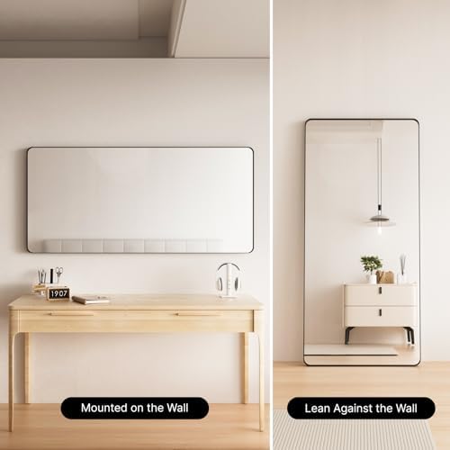 Kosmonia 60x28 inch Black Bathroom Mirror Metal Framed Rounded Rectangle