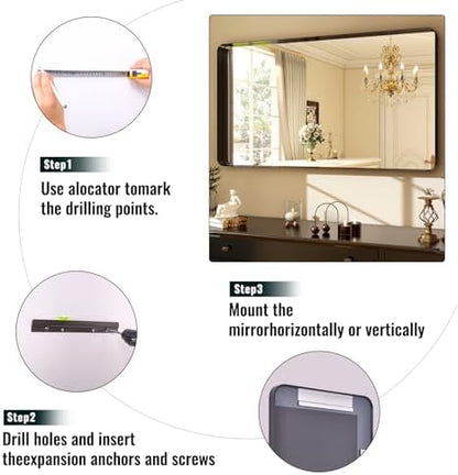 Easly 48"x30" Black Bathroom Mirror - Modern Black Mirror for Wall with Rounded Corners, Bathroom Mirrors for Vanity, Aluminum Alloy Framed Mirror Portrait or Landscape Hang