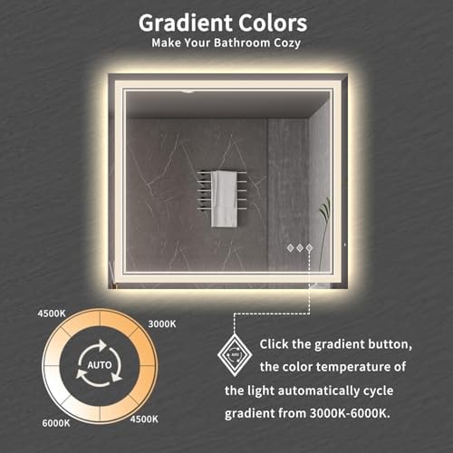 Bathroom Mirrors for Wall, 40x36 Inch Gradient Front and Backlight Lighted Mirror, 3 Colors Dimmable CRI>90 Double Lights, IP54 Enhanced Anti-Fog, Hanging Plates Wall Mount Smart Mirror