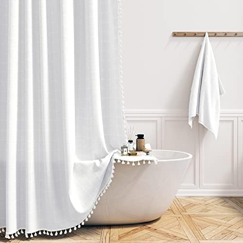 BTTN Long Boho Farmhouse Linen Heavy Duty Shower Curtain Set, 72x84, White