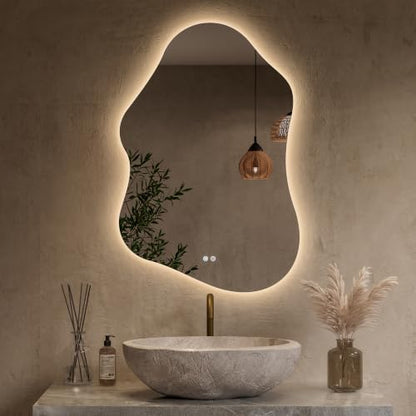 Keonjinn 24" x 36" Asymmetrical Backlit Bathroom Mirror, HD Tempered Glass