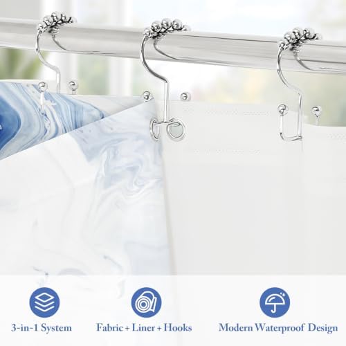 3 in 1 Grey Marble Shower Curtain Set with PEVA Liner & 12 Hooks, 72 x 78