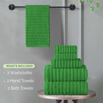 Elegant Comfort 100% Turkish Cotton Corduroy Ribbed Luxury Bath Towels 6-Piece Set,Premium Feel Quick Dry,Highly Absorbent, Contains 2 Bath Towels,2 Hand Towel& 2Washcloths,Emerald Green(Pack of 4)