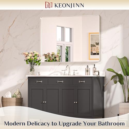 Keonjinn 40 x 30 Inch Brushed Nickel Bathroom Vanity Mirror, Tempered Glass