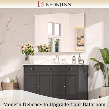 Keonjinn 40 x 30 Inch Brushed Nickel Bathroom Vanity Mirror, Tempered Glass