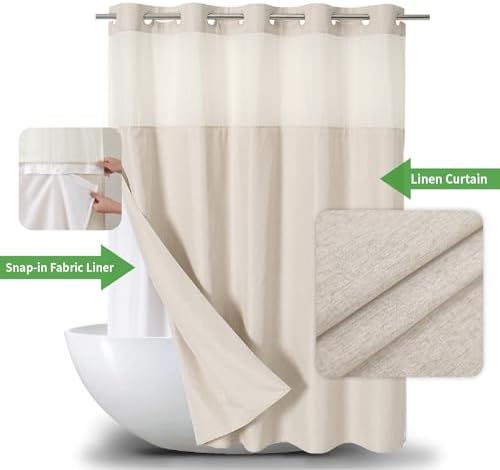eachope No Hook Linen Texture Shower Curtain with Snap-in Liner,71x92 Cream