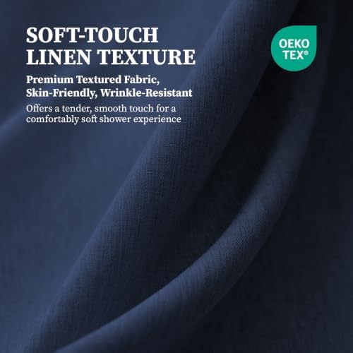 BTTN 60x72 Linen Textured Waterproof Fabric Shower Curtain Set, Navy Blue