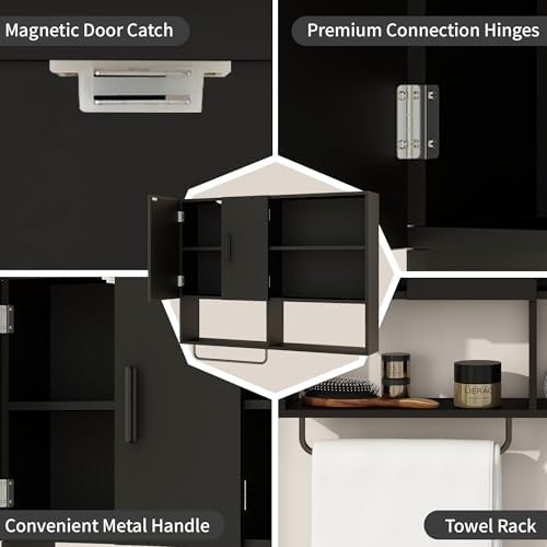Bathroom Wall Cabinet, Medicine Cabinet with 2 Doors, Black