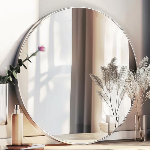 Sunniry 18 inch Round Mirror, Round Wall Mirror, Brushed Silver Metal Frame