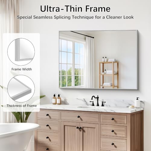 DESBING 30" x 40" Bathroom Mirror, Silver Metal Frame Wall Mirror