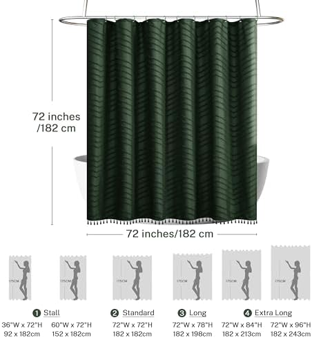 Siiluminisoy Dark Green Boho Shower Curtain with Tassel Woven Fabric Shower Curtain 72 x 72 Modern Farmhouse Textured Tufted Chevron Striped Minimalist Shower Curtains for Bathroom