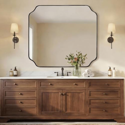 ANDY STAR 36x40 Inch Bathroom Mirror, Large Black Vanity Mirror for Wall, Modern Scalloped Mirror in Premium Stainless Steel Metal Thin Frame, Unique Rounded Notched Corners, Vertically/Horizontally