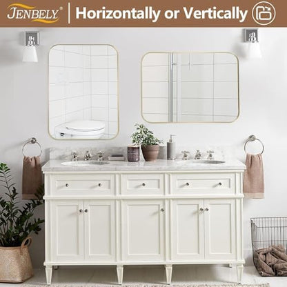 48x30 Inch Brushed Nickel Bathroom Mirror, Framed Rectangle Mirror with Rounded Corner, Brushed Mirror, Silver Bathroom Mirror for Over Sink, Vanity, Living Room, Bedroom, Horizontal/Vertical