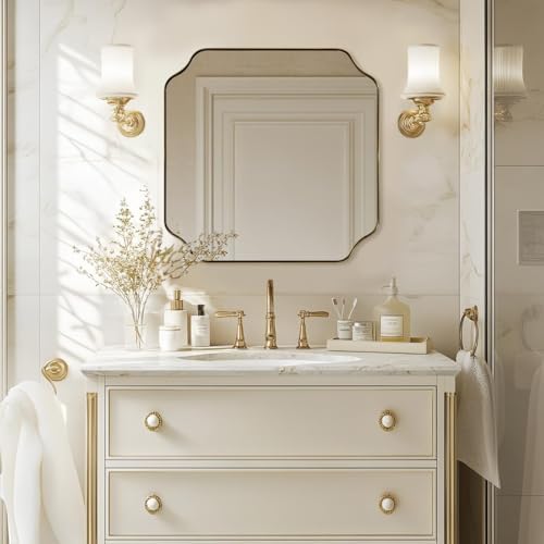 ANDY STAR Square Gold Vanity Mirrors, 24"x24" Brushed Brass Scalloped Bathroom Mirror, Antique Wall Mirror with Anti-Rust Stainless Steel Frame, Rounded Notched Corner Design Ideal for Home Deocr