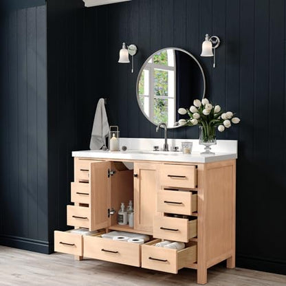 ARIEL Cambridge 48-inch Bathroom Vanity with Sink,Solid Wood, 1.5-inch Pure White Quartz Countertop, Single Rectangular Porcelain Sink, 2 Soft Closing Doors, 9 Dovetail Drawers, White Oak