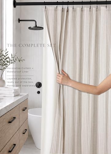 Farmhouse Striped Shower Curtain - Extra Long 72x84 Inches, Linen Blend Fabric, Breathable & Machine Washable, Rustic Sage for Bathroom Decor (Hooks/Liner Not Included)