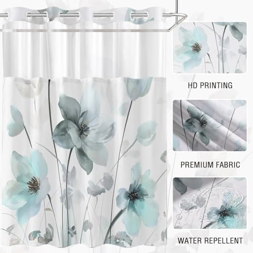 No Hook Shower Curtain and Liner Set, Teal Blue Boho Floral 71x74