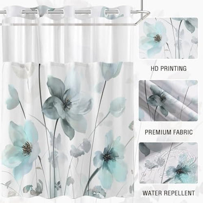 No Hook Shower Curtain and Liner Set, Teal Blue Boho Floral 71x74