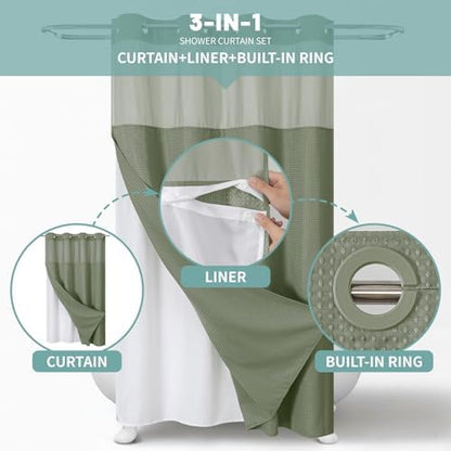 No Hook Waffle Shower Curtain with Snap-in Liner, 54x80 Inch, Sage Green