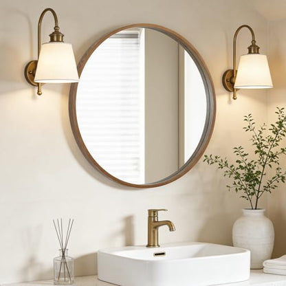 WallBeyond Wood Round Mirror with Wood Frame 24 inch Circle Wall Mirror for Bathroom Round Wall Mirror for Wall Decor, Vanity, Entryway Living Room (Walnut)