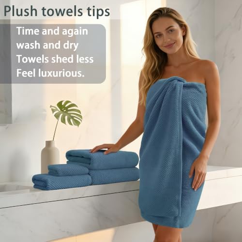 VOOVA & MOVAS Bath Towels 4PC, 100% Cotton, 30x56 in, Denim Blue