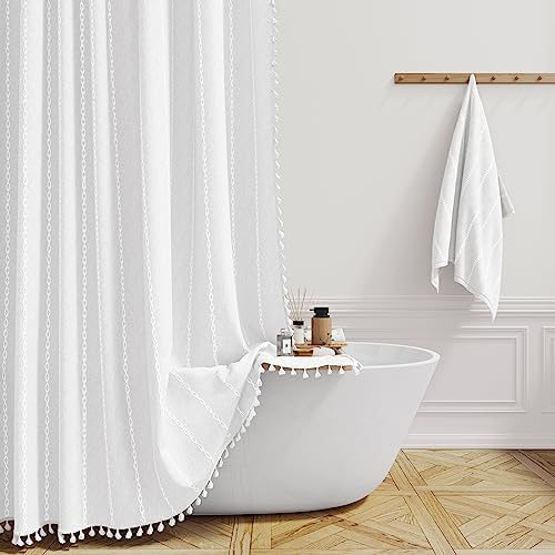 BTTN 54x78 Boho Farmhouse Linen Heavy Duty Cloth Shower Curtain Set, White