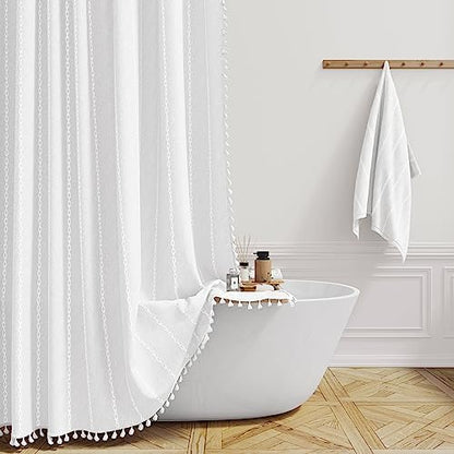 BTTN 54x78 Boho Farmhouse Linen Heavy Duty Cloth Shower Curtain Set, White