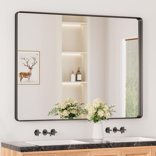 Keonjinn 48 x 36 Inch Black Bathroom Mirror for Over Sink, Tempered Glass