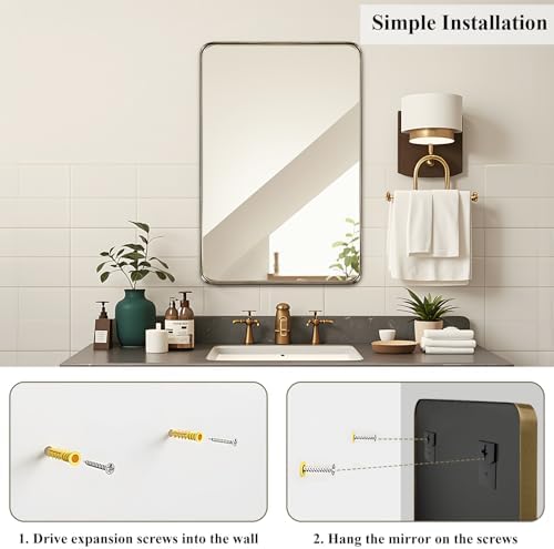 Fabuday Bathroom Wall Mirror 32x24 Inch - Bronze Metal Frame Over Sink Mirror for Bathroom, Rustic Bathroom Mirrors for Bedroom, Farmhouse, Hallway, Living Room Decor, Horizontal or Vertical Hanging