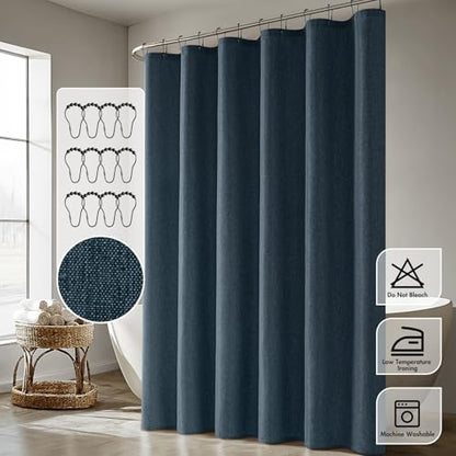 ANRODUO Navy Blue Linen Textured Fabric Shower Curtain Set - W72xL72