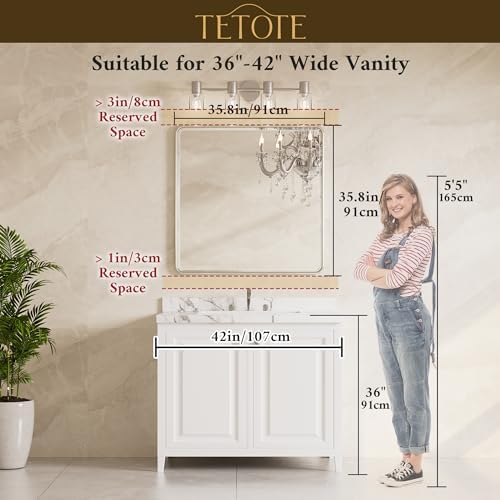 TETOTE Black Vanity Mirror for Bathroom 36 x 36 Beveled Edge Tempered Glass, Rounded Corner Rectangle Wall Mirror for Modern Bathroom, Living Room, Bedroom, Entryway