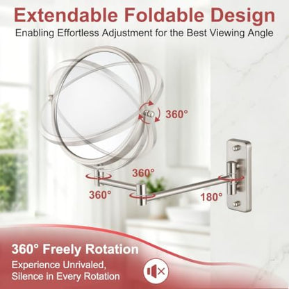 Wall Mounted Makeup Mirror, 1X/5X Magnifying Mirror Double Sided, 8 Inch Extendable Bathroom Mirror for Shaving, Nickel