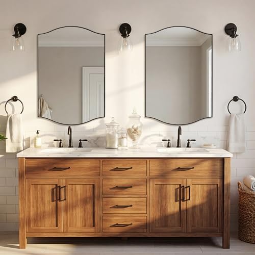 ANDY STAR 26"x38" Scalloped Mirror for Bathroom，Matte Black Rectangle Wall Mirror with Curved Edge Stainless Steel Metal Frame, Wall-Mounted Mirror for Bathroom, Entryway, Living Room