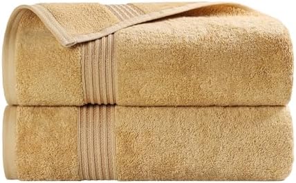Superior Egyptian Cotton Bath Towel Set, Home Bathroom Towels, Master, Guest Bath, Decor Essentials, Quick Dry, Absorbent, Large Body Towels, Spa, Hotel, Resort, Adult, Kids, Set of 2, Gold