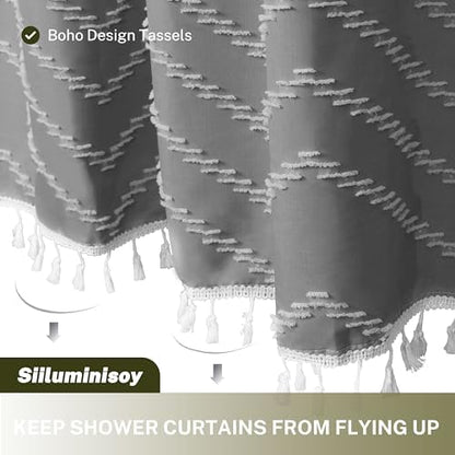 Siiluminisoy Boho Shower Curtain with Tassel Woven Fabric Grey Shower Curtain 72 x 72 Modern Farmhouse Textured Tufted Chevron Striped Minimalist Bathroom Shower Curtain Set with Hooks