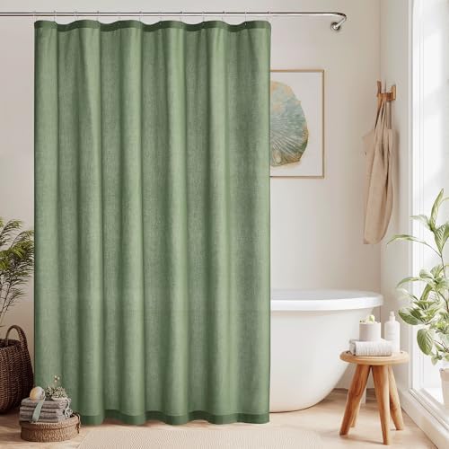 KGORGE Forest Green Shower Curtain for Bathroom, Linen Fabric Semi Sheer Lightweight Waterproof Thick Neutral Button Hole Shower Curtains for Bathtub, 72 x 72 inches Long, 12 Hooks Included, 1 Panel