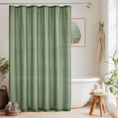 KGORGE Forest Green Shower Curtain for Bathroom, Linen Fabric Semi Sheer Lightweight Waterproof Thick Neutral Button Hole Shower Curtains for Bathtub, 72 x 72 inches Long, 12 Hooks Included, 1 Panel