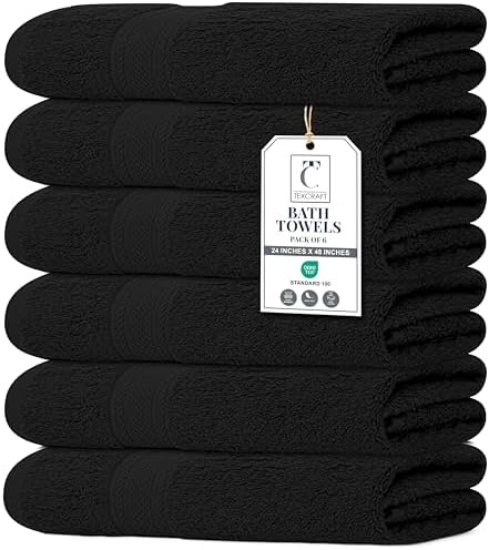 Medium Size Bath Towels Set of 6 – 100% Cotton Terry – 24" x 48" – Quick Dry, Soft & Highly Absorbent – Black Towels for Bathroom, Gym, Spa, Pool & Daily Use