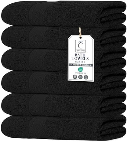 Medium Size Bath Towels Set of 6 – 100% Cotton Terry – 24" x 48" – Quick Dry, Soft & Highly Absorbent – Black Towels for Bathroom, Gym, Spa, Pool & Daily Use