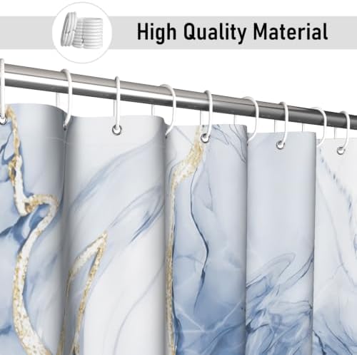 Blue Marble Shower Curtain Modern Abstract Luxury Gold Ink Texture Gray Ombre Watercolor Bathroom Curtain Set with Hooks Soft and Lightweight Waterproof Fabric Machine Washable 72" Wx72 L