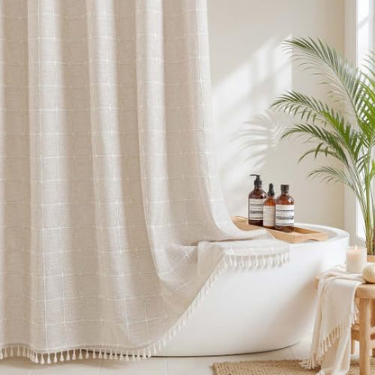 RiverDream Farmhouse No Hooks Shower Curtain with Snap-in Liner,Linen,71x86