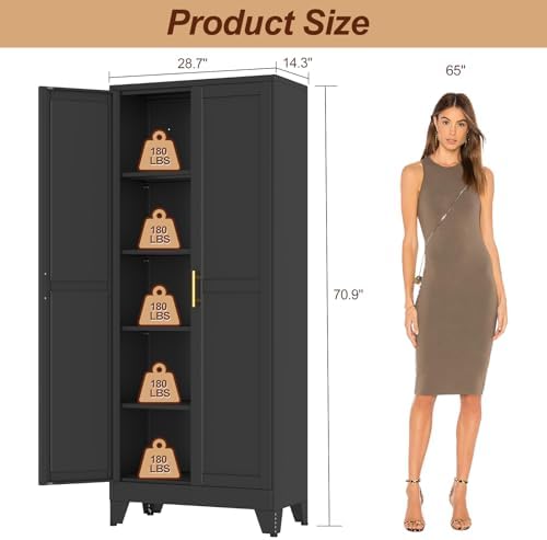 71" Black Metal Storage Cabinet with 2 Doors and 4 Adjustable Shelves,Steel Garage Tool Cabinet, File Cabinet,Kitchen Pantry Cabinet for Home,Office,Garage,School,Warehouse