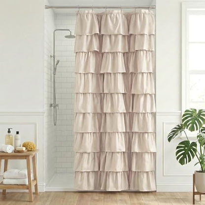 Seasonwood Small Beige Ruffle Shower Curtain Natural Farmhouse, 36"x72"