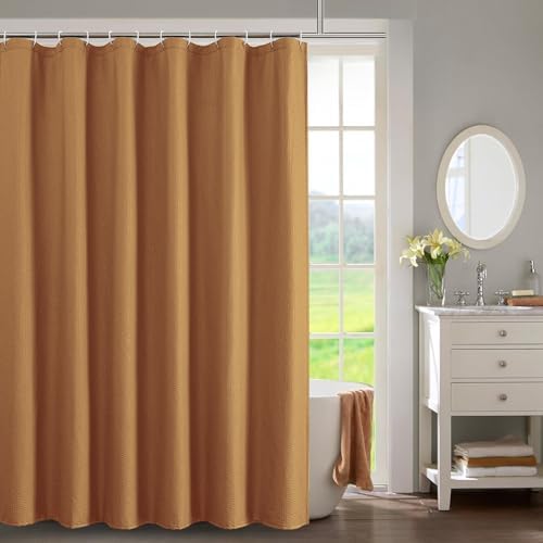 OWENIE Gold Shower Curtain for Bathroom 84 Inches Extra Long, Elegant 3D Embossed Textured Cloth Waffle Shower Curtain, Modern Luxury Hotel Style, Water Repellent, Machine Washable, 72X84
